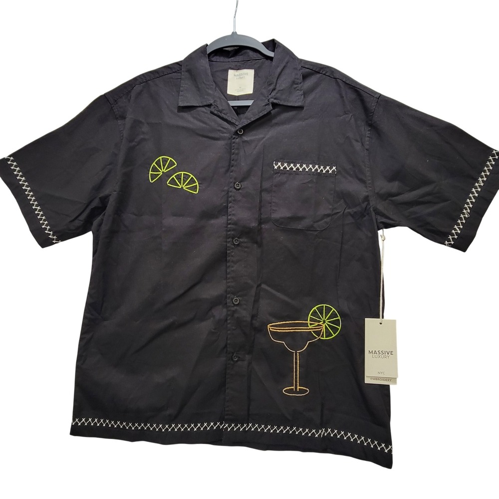 MASSIVE LUXURY Black Short Sleeve Button Up Shirt Mens Med Margarita Embroidery‎